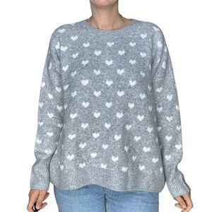 New Vince Camuto Gray Heart Print Crewneck Pullover Soft Sweater Size Medium $99